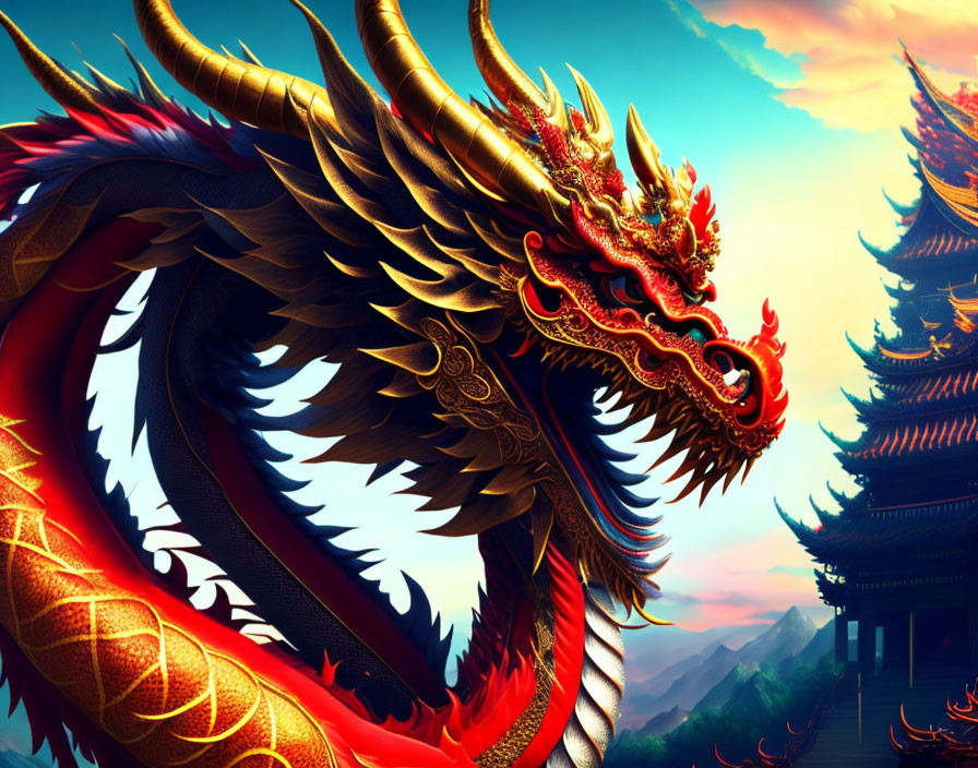 Detailed red and gold dragon illustration near pagodas at sunset