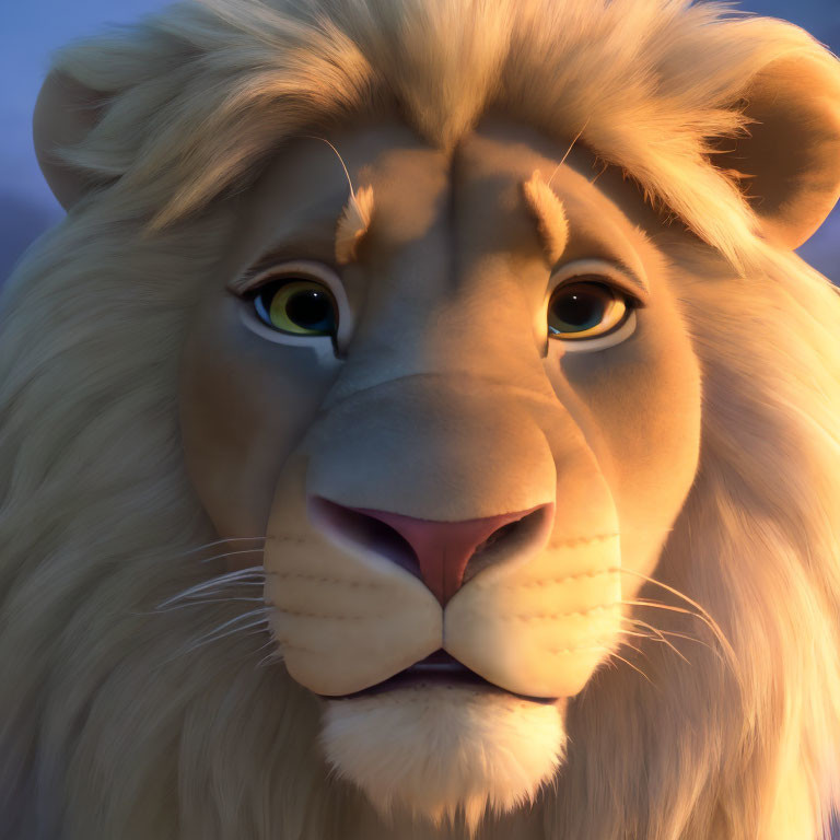 Detailed animated lion with serene expression and green eyes against sunset backdrop