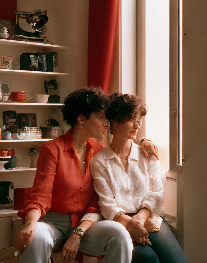 Two women in red and white shirts by a window in a room with a shelf and camera.