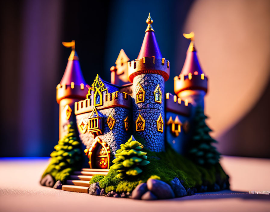 Miniature fairy tale castle with colorful turrets on blue and purple background