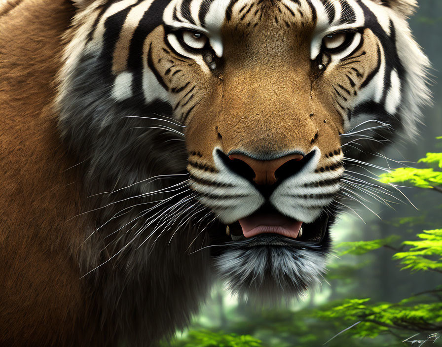 Intense tiger face with open mouth in forest setting