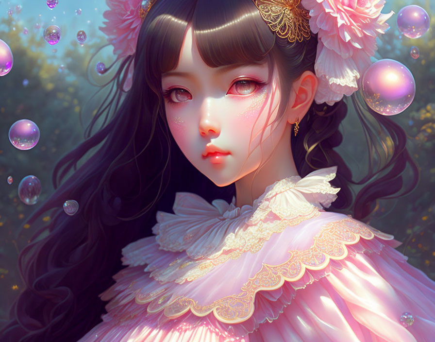 Detailed Illustration: Girl with Large Eyes in Pink Dress surrounded by Iridescent Bubbles