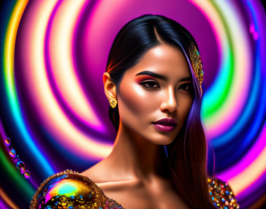 Colorful backdrop enhances woman's striking makeup in glamorous image