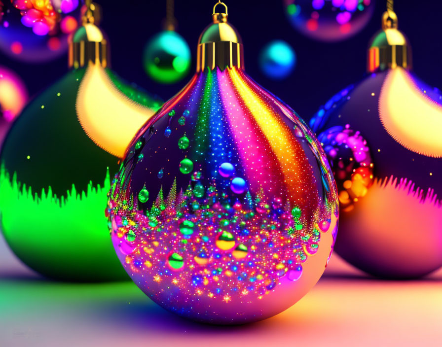 Vibrant Christmas baubles with shiny, glittering surface and water droplet effects