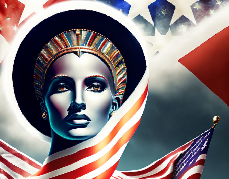 Metallic female pharaoh figure against American flag background