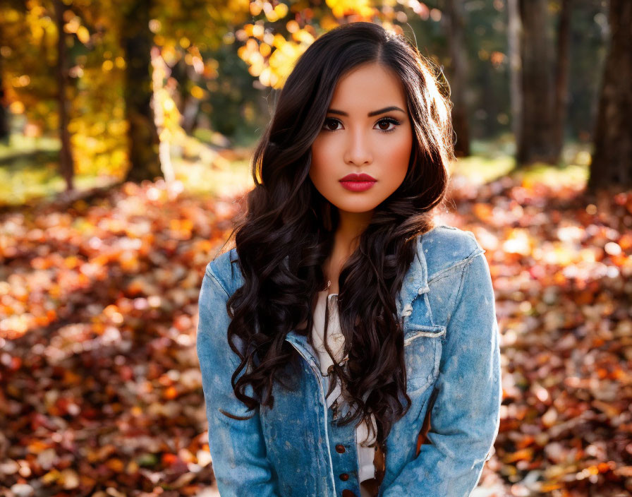 Woman with long wavy hair and red lipstick in denim jacket in autumn park with fallen leaves.