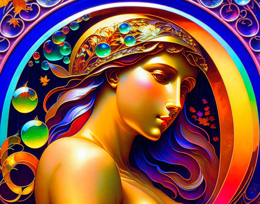 Colorful artwork: Woman with golden crown, celestial halo, and autumn leaves.