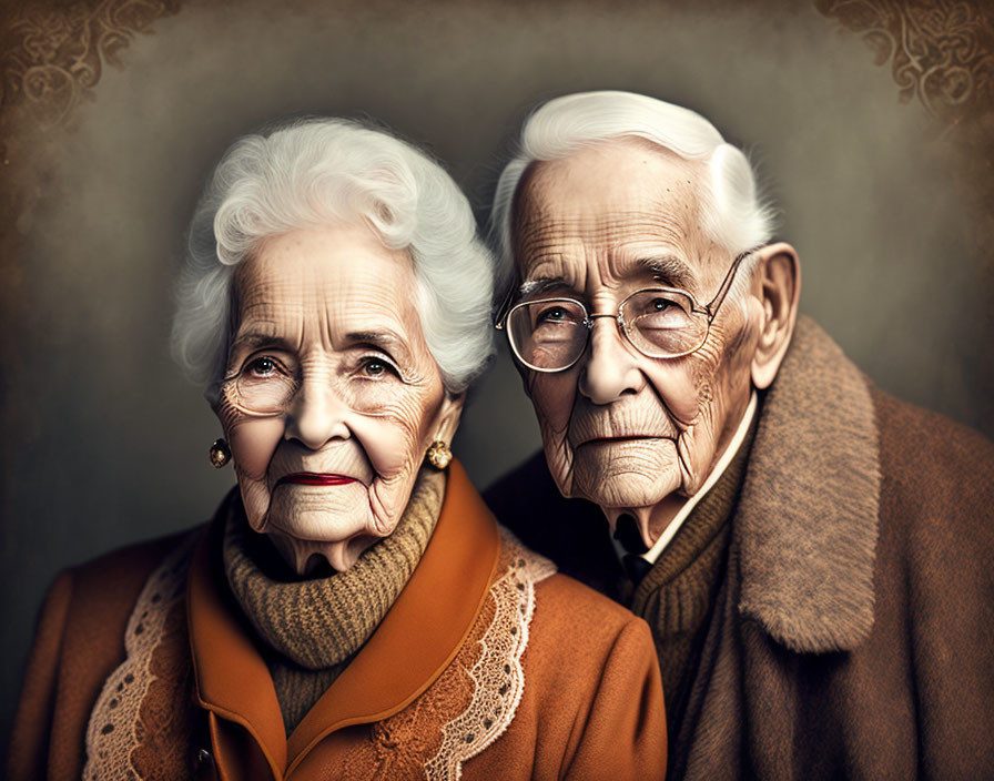 Elderly Couple Portrait: Woman with White Hair, Man in Glasses