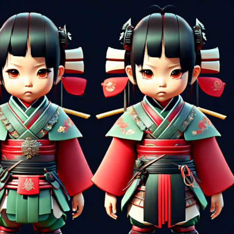 Stylized 3D characters in Japanese attire with intricate hair accessories