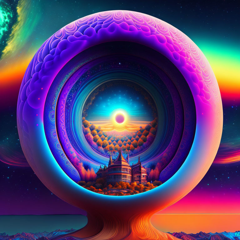 Psychedelic spherical gateway leading to fantastical landscape with castle under radiant sun