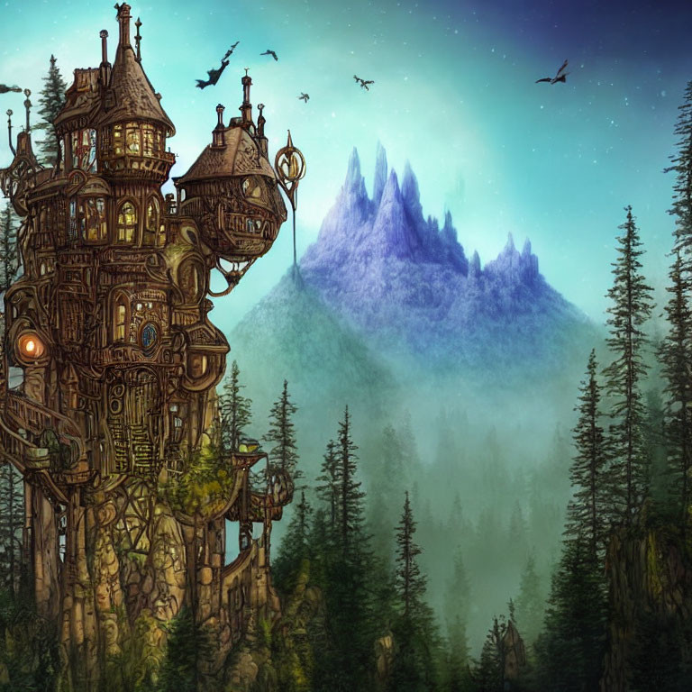 Illustration of whimsical wooden treehouse in misty forest