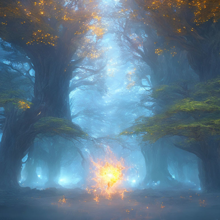 Mystical forest with glowing trees and fiery light