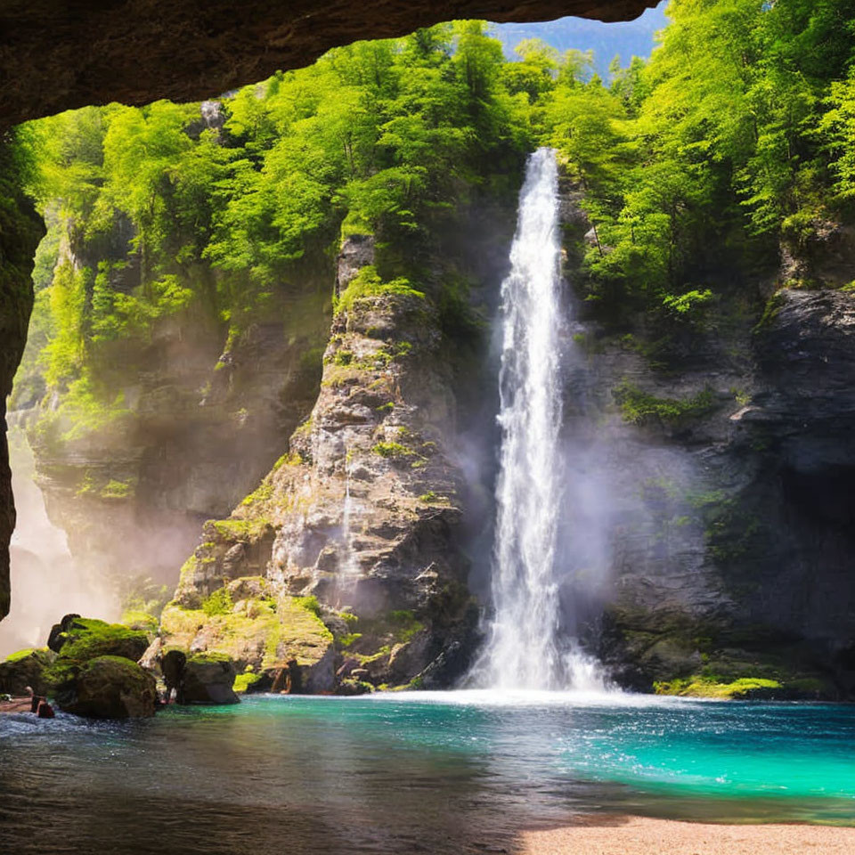 Majestic Waterfall Cascading into Turquoise Pool surrounded by Greenery