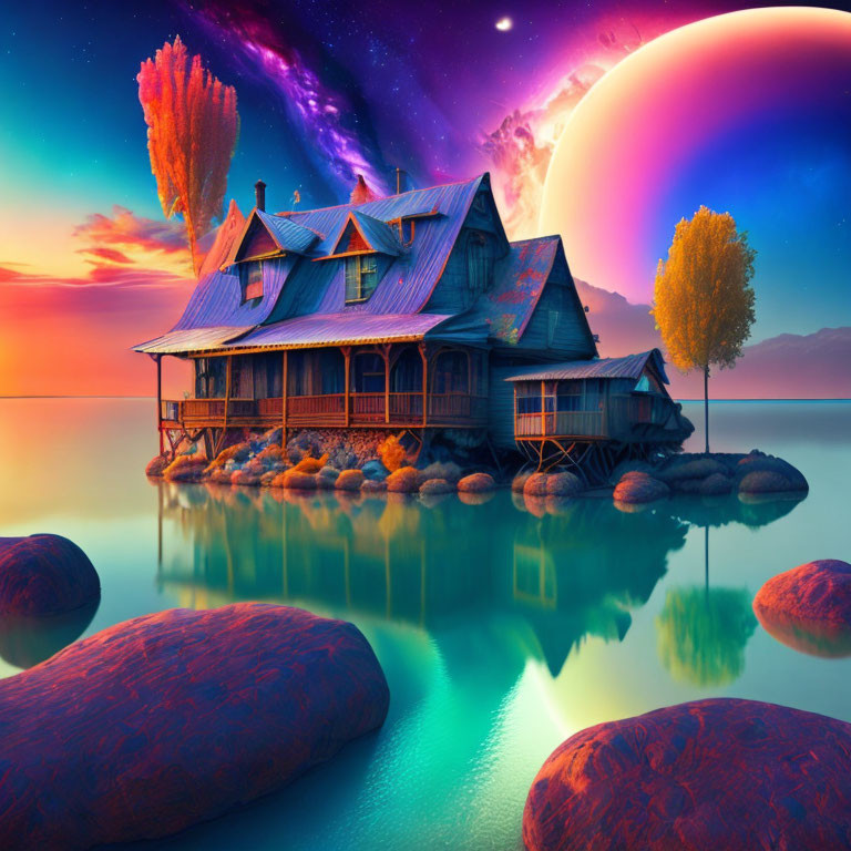 Fantasy landscape with Victorian house on stilts, vibrant sky, planet, stars