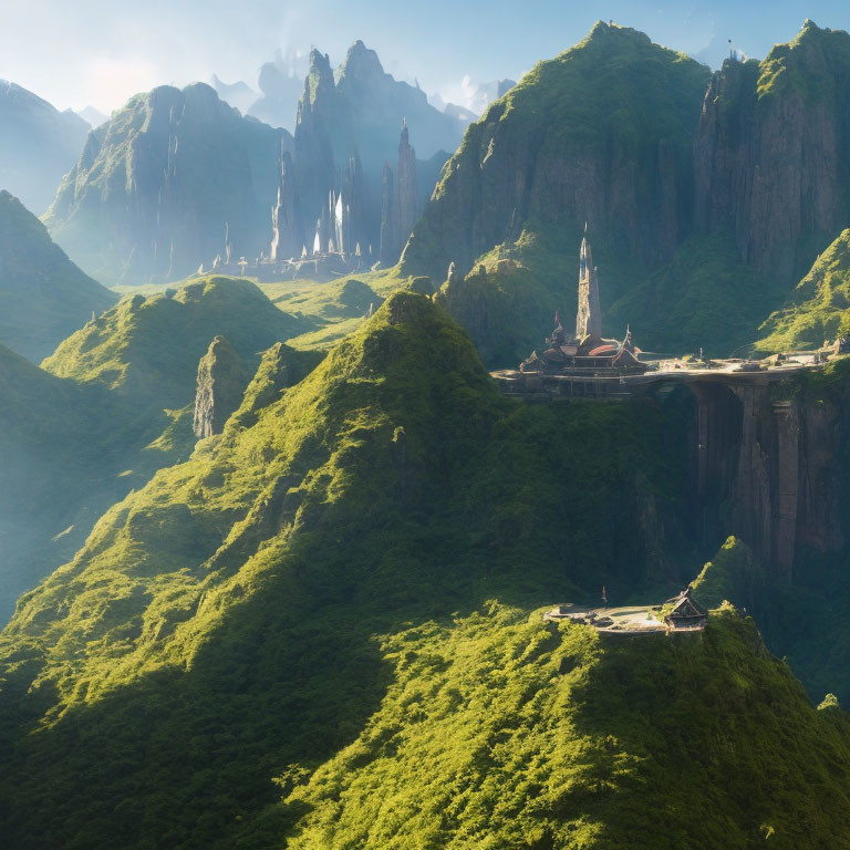 Fantasy landscape with castle on green cliff, mountains in background