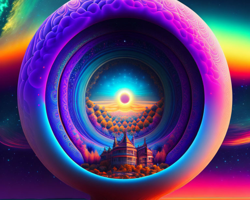 Psychedelic spherical gateway leading to fantastical landscape with castle under radiant sun