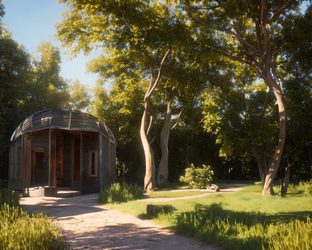 Tranquil Park Scene with Pathway, Gazebo, and Sunlight