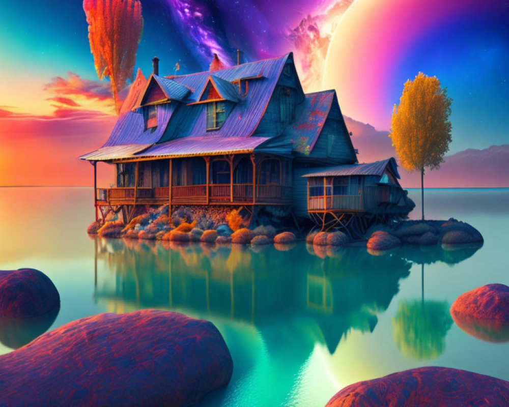 Fantasy landscape with Victorian house on stilts, vibrant sky, planet, stars