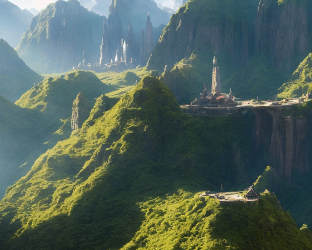 Fantasy landscape with castle on green cliff, mountains in background