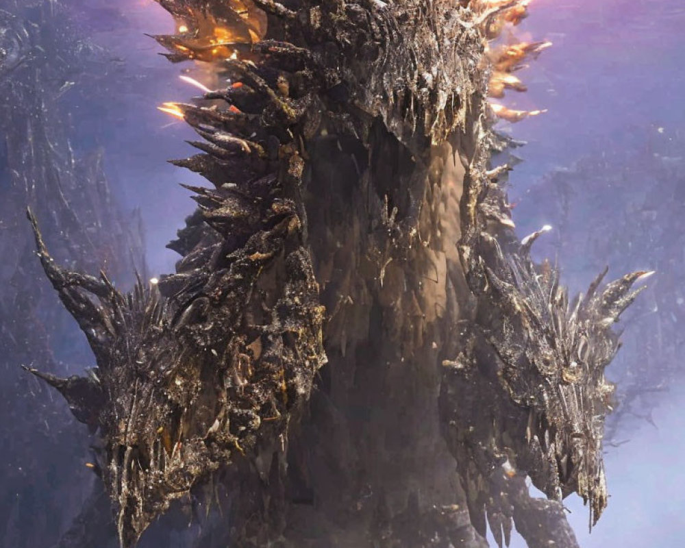 Glowing orange accents on towering, spiky armored creature in misty purple setting