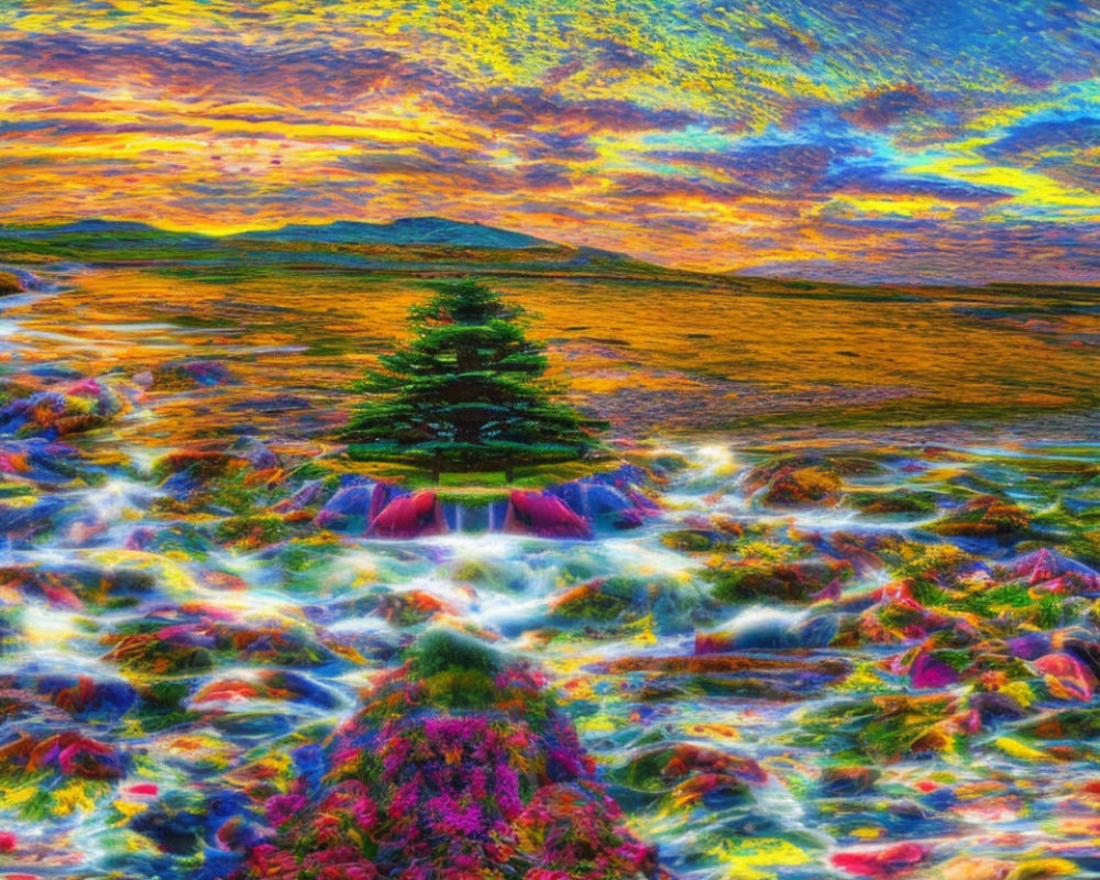 Colorful surreal landscape with single tree in vibrant sky