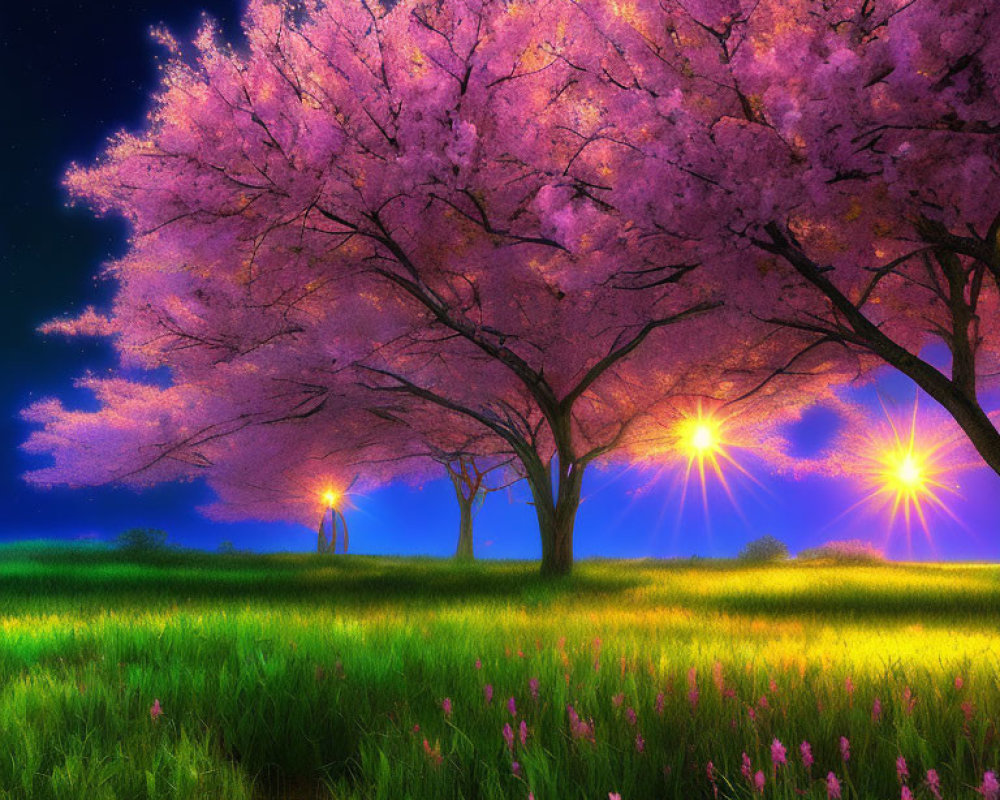 Twilight scene with pink cherry blossoms and starburst lights