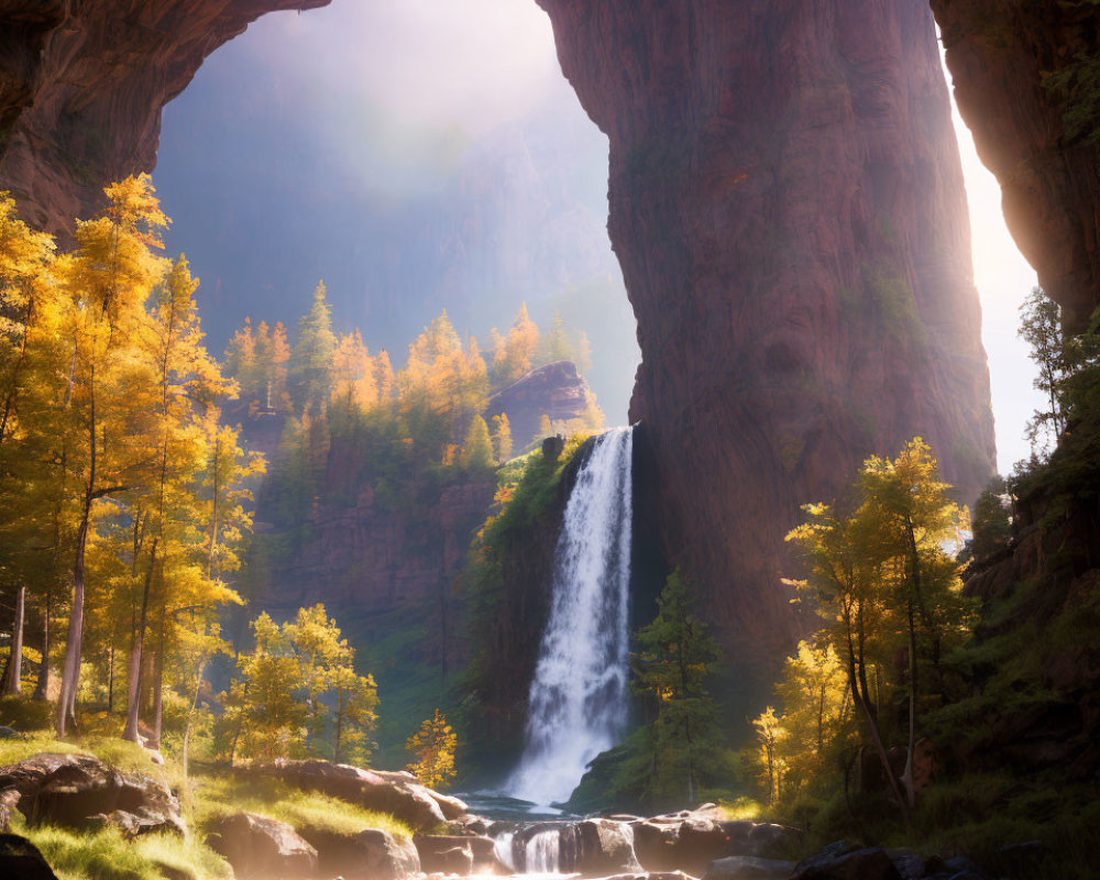 Sunlit canyon arch with cascading waterfall and autumn trees