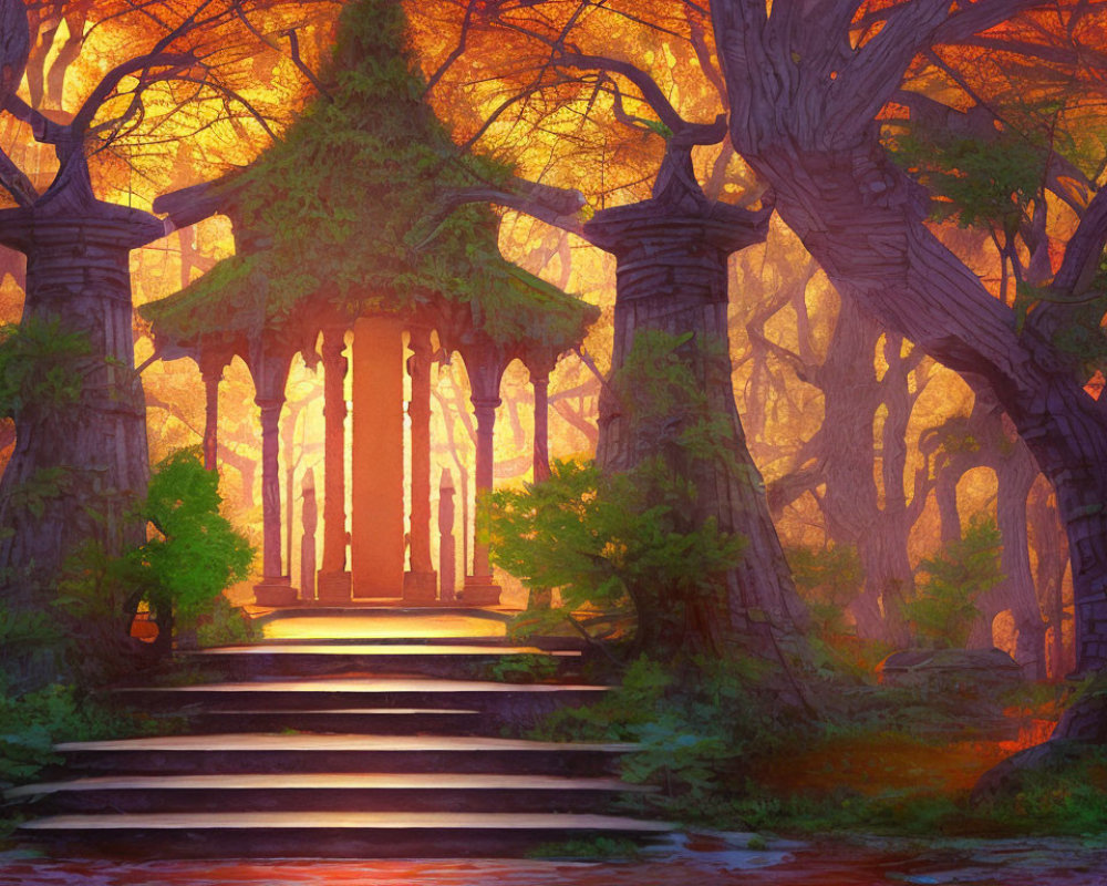 Mystical forest scene with grand trees and gazebo at sunset