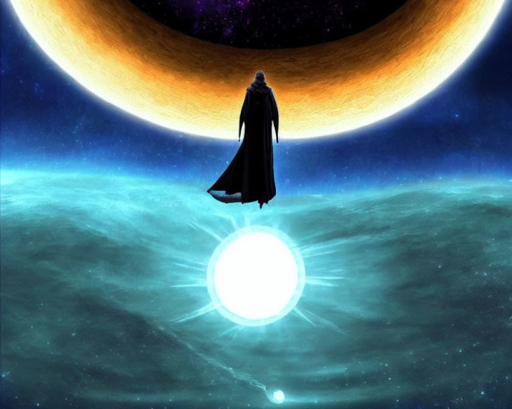 Cloaked figure on glowing orb with large planet backdrop