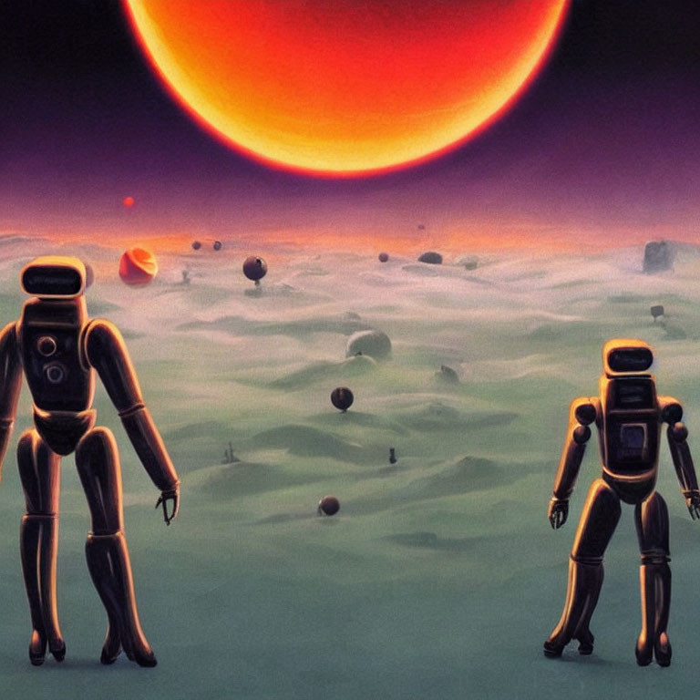 Alien landscape with three humanoid robots and red sun