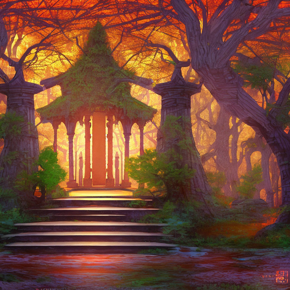 Mystical forest scene with grand trees and gazebo at sunset