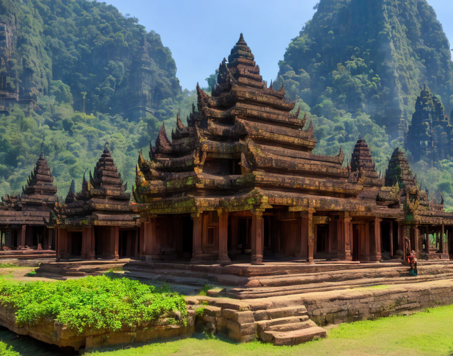 Ancient multi-tiered temple structures amidst lush greenery and mountains.