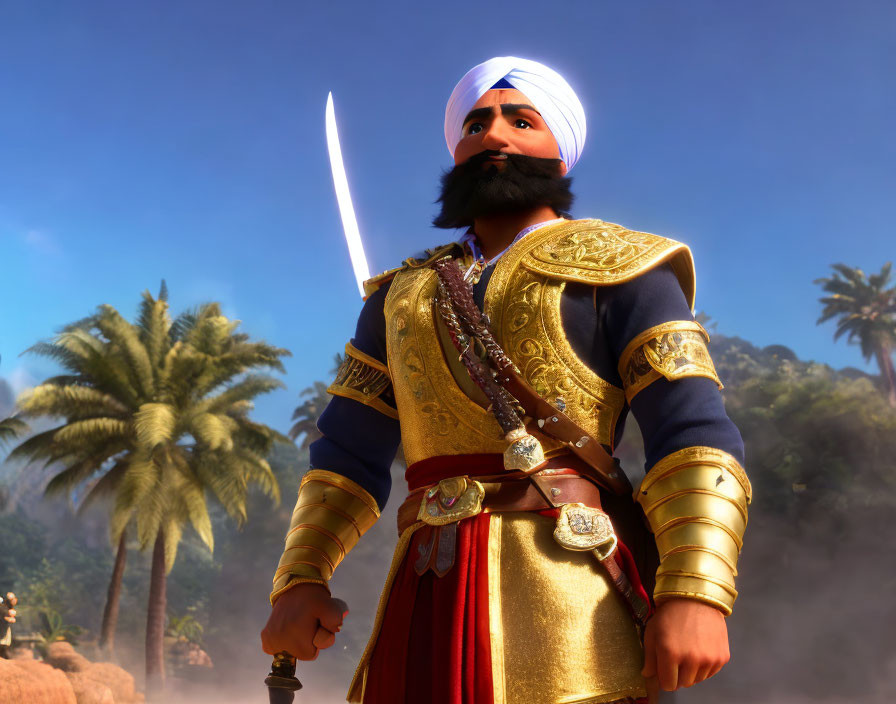 Bearded animated character in turban with sword in tropical setting