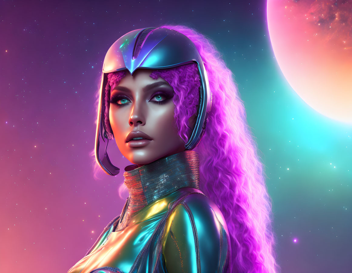 Futuristic female with purple hair in metallic suit on cosmic backdrop