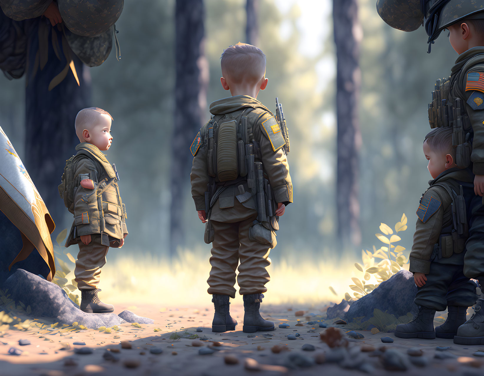 Children in military gear admire adult soldier in forest