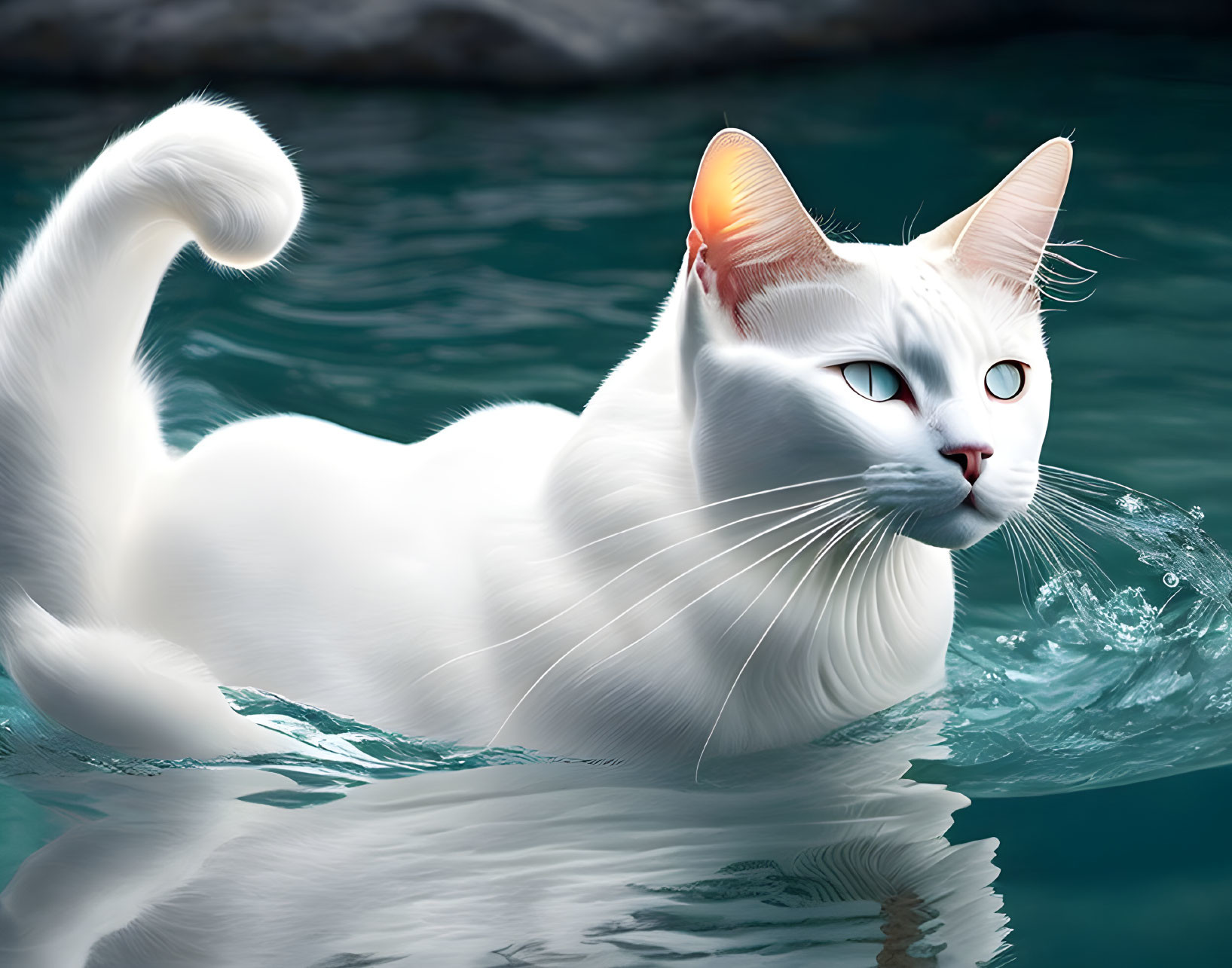 White Cat with Blue Eyes Swimming in Tranquil Water