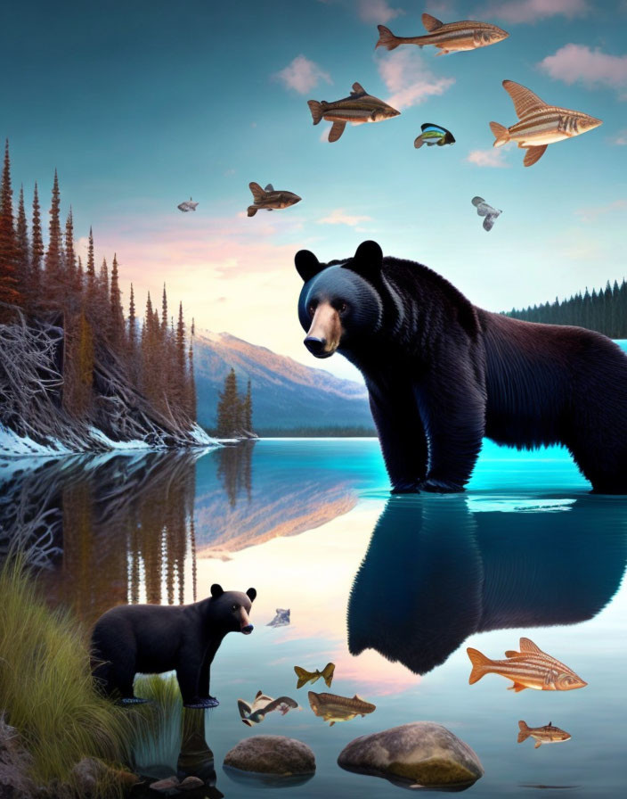 Giant and small bear by serene lake with floating fish in surreal landscape