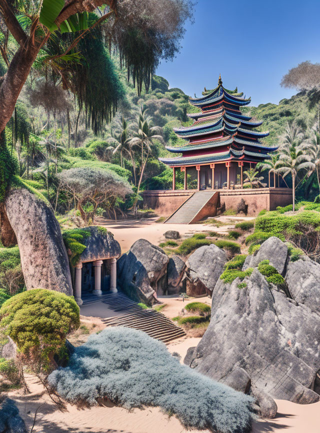 Traditional pagoda in lush greenery with unique rock formations under clear blue sky