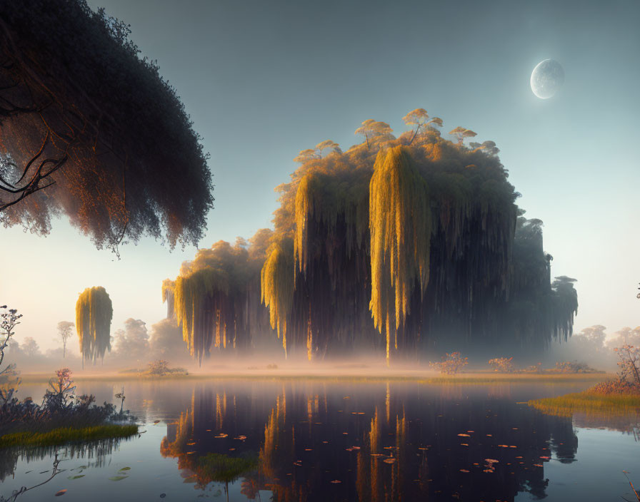 Mystical floating island with weeping willows reflected in tranquil lake