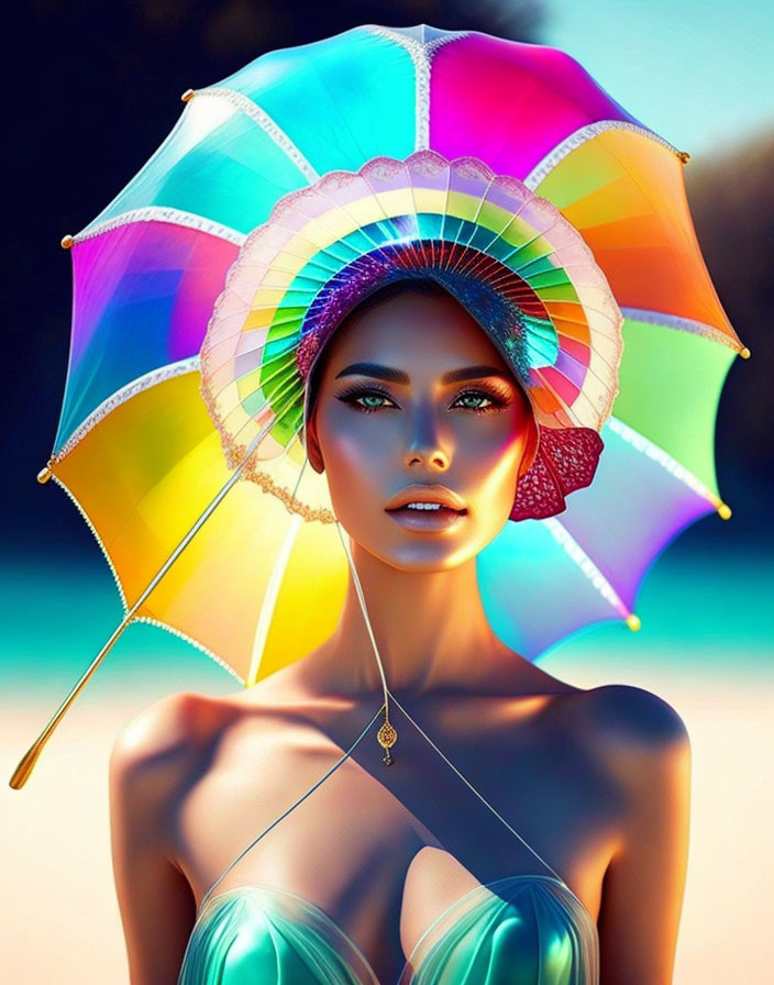 Woman with Striking Makeup Under Colorful Umbrella in Warm Sunlight