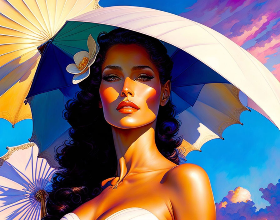 Digital portrait of woman with dark hair holding white umbrella under blue sky