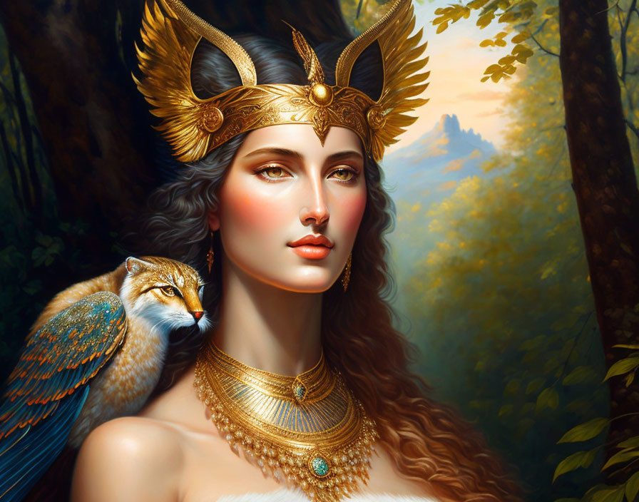 Digital artwork of woman with golden headdress, jewelry, and winged fox in forest.