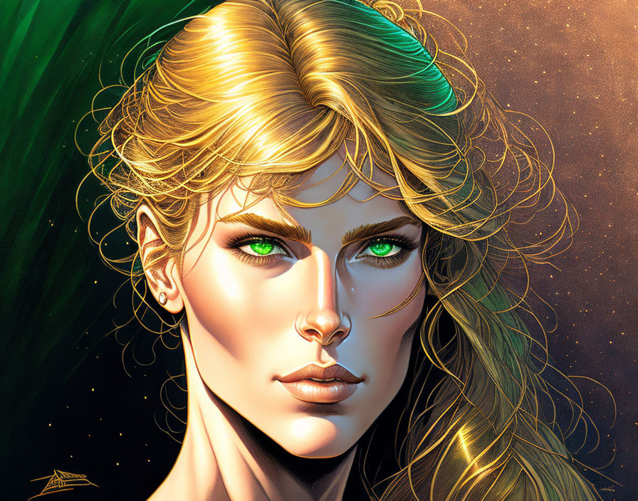 Golden-haired woman with green eyes in starry backdrop