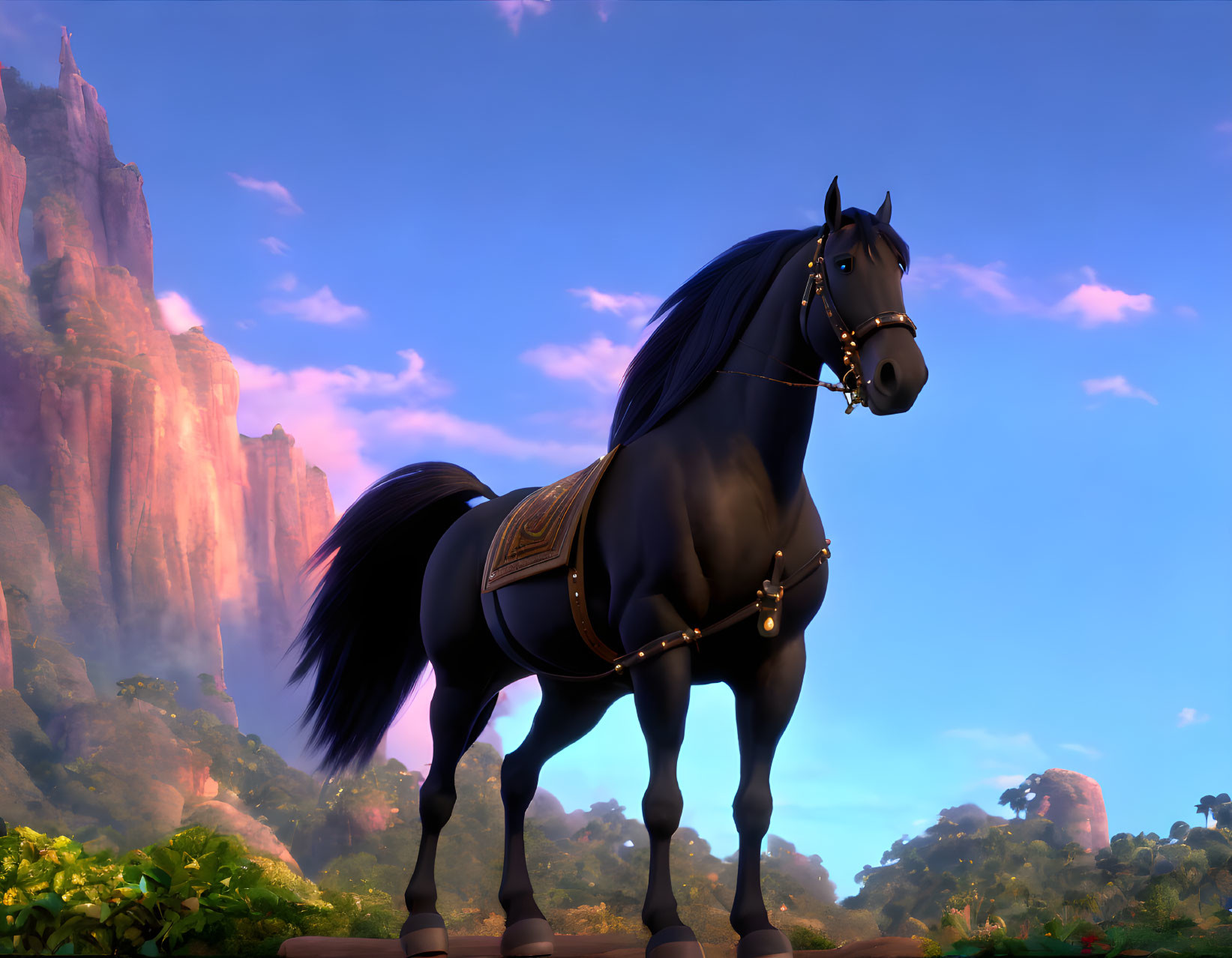 Majestic black animated horse with golden tack against cliffs and blue sky