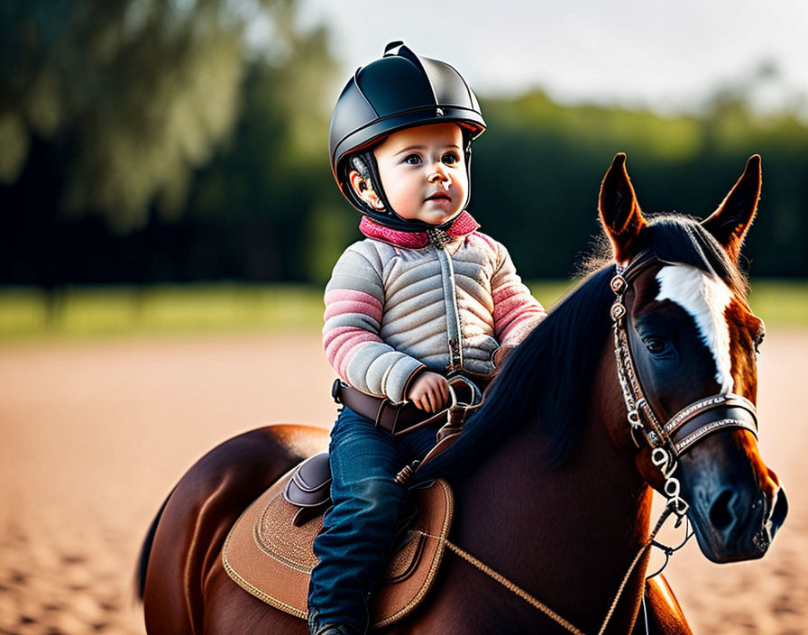 Toddler in helmet on horse in outdoor riding arena