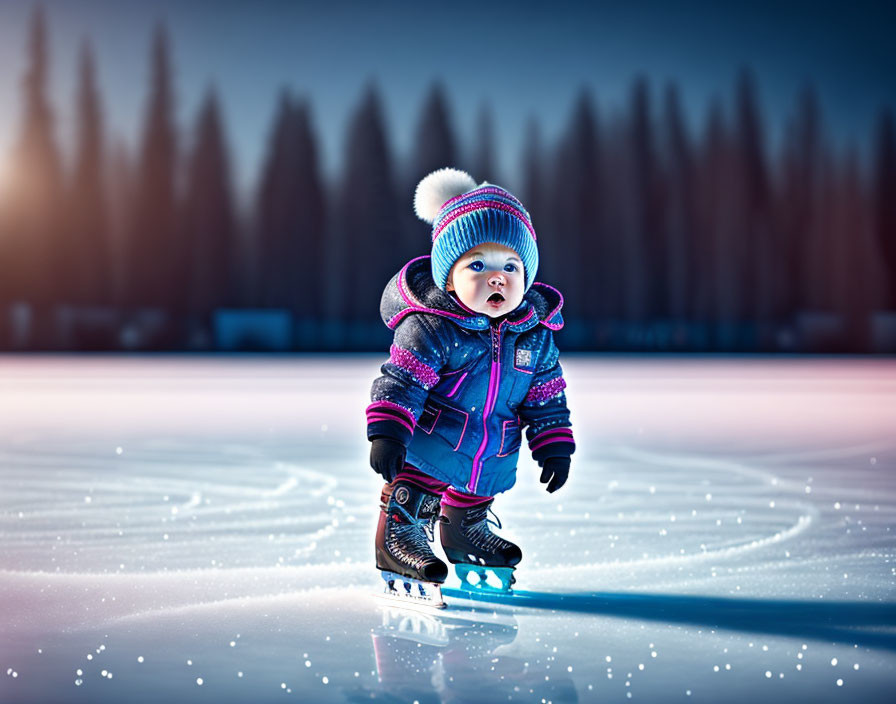 Young child ice skating in winter dusk scenery.