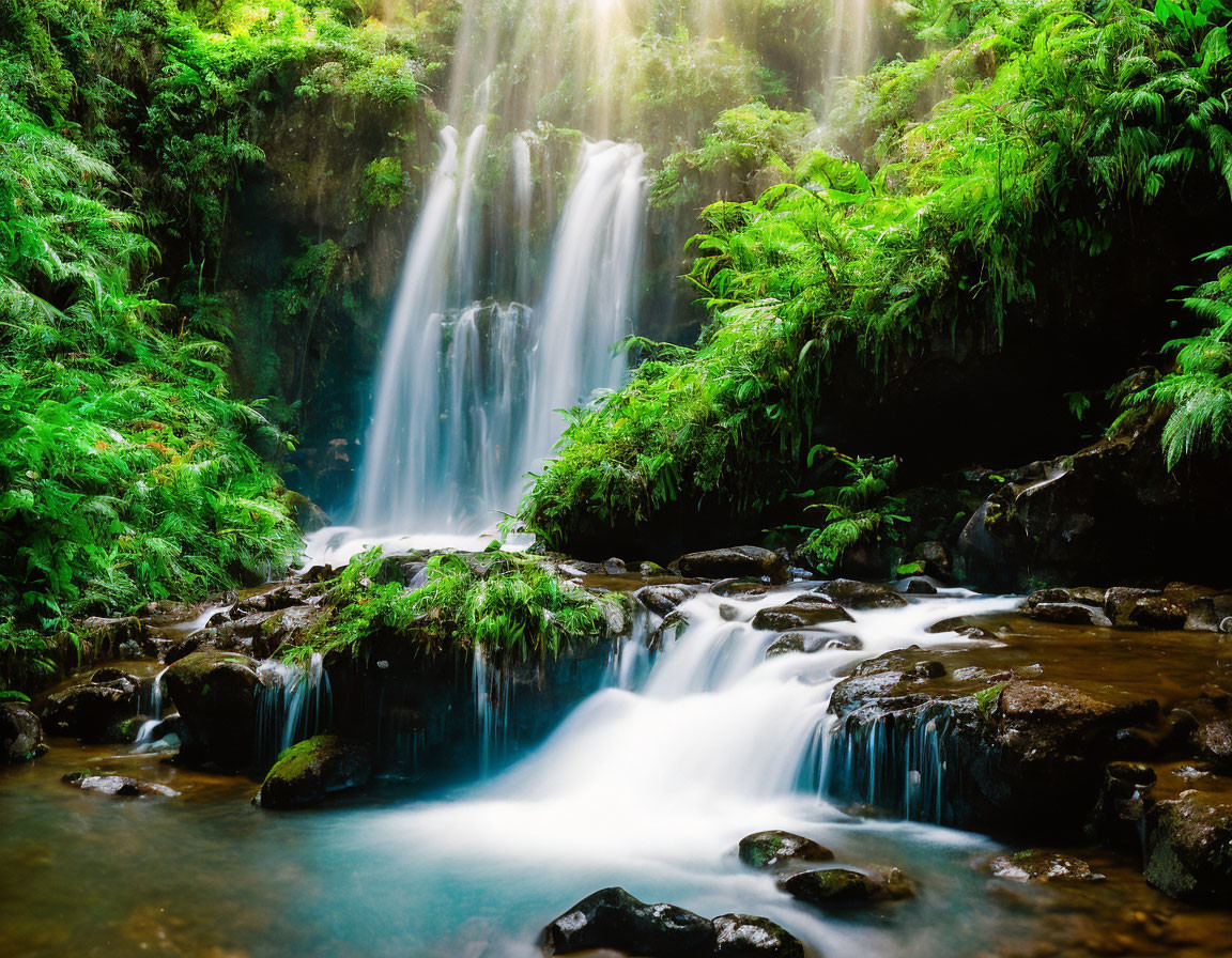 Tranquil waterfall scene with mossy rocks and lush green ferns