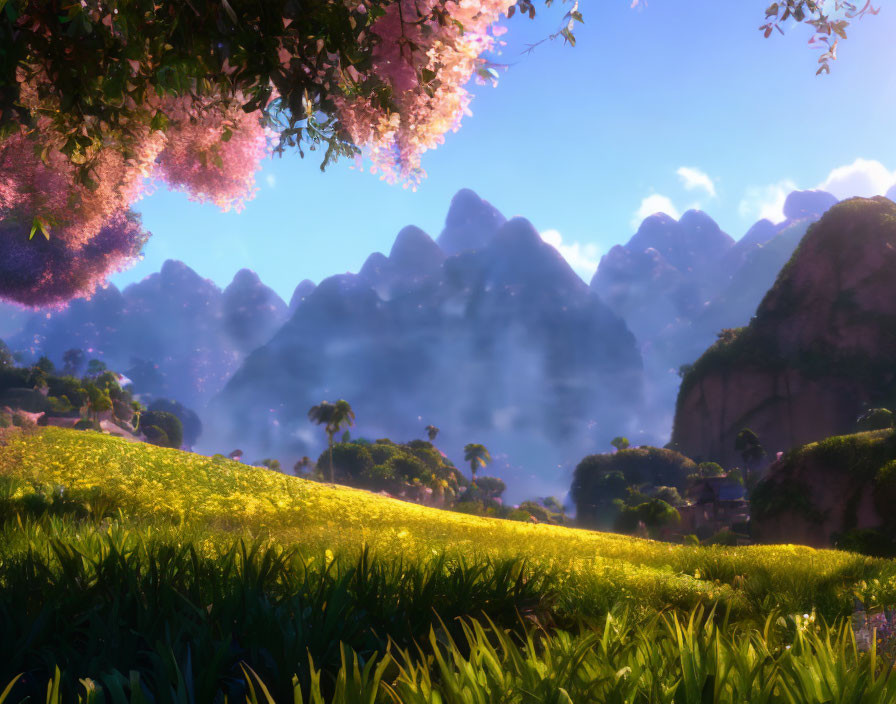 Vibrant landscape: yellow flowers, misty mountains, pink blossoming trees