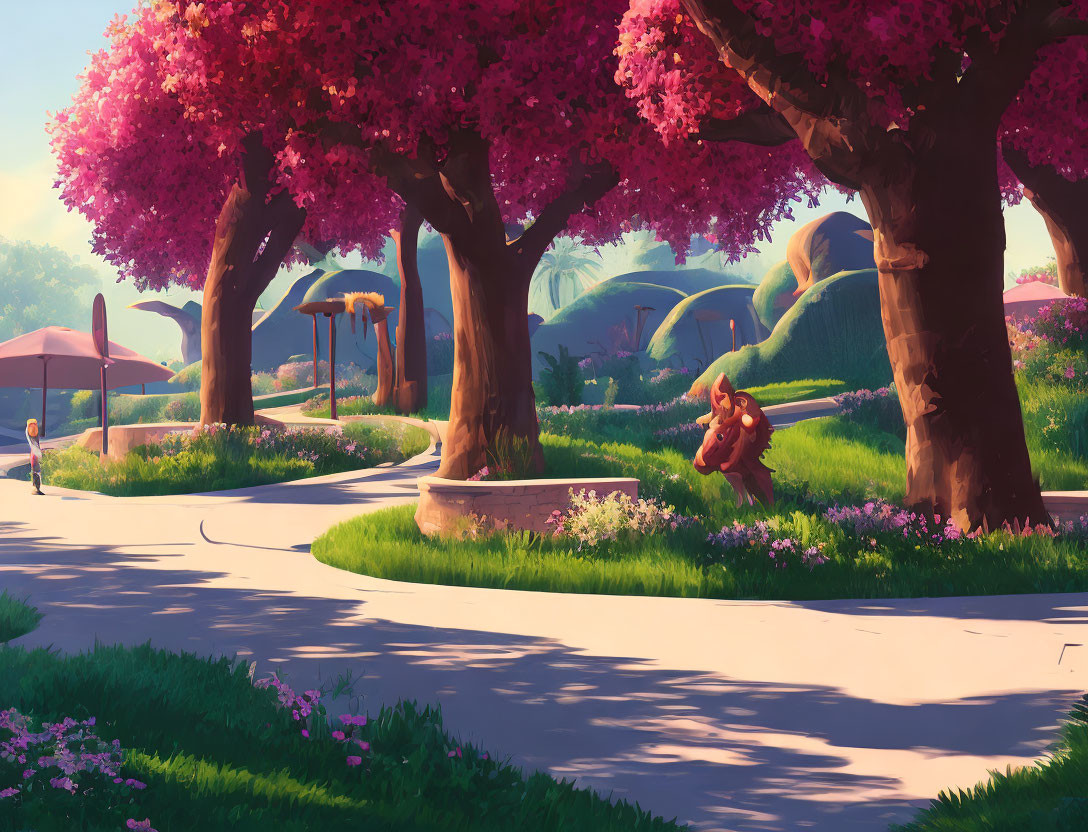 Lush green grass, pink blossoming trees in vibrant park scene