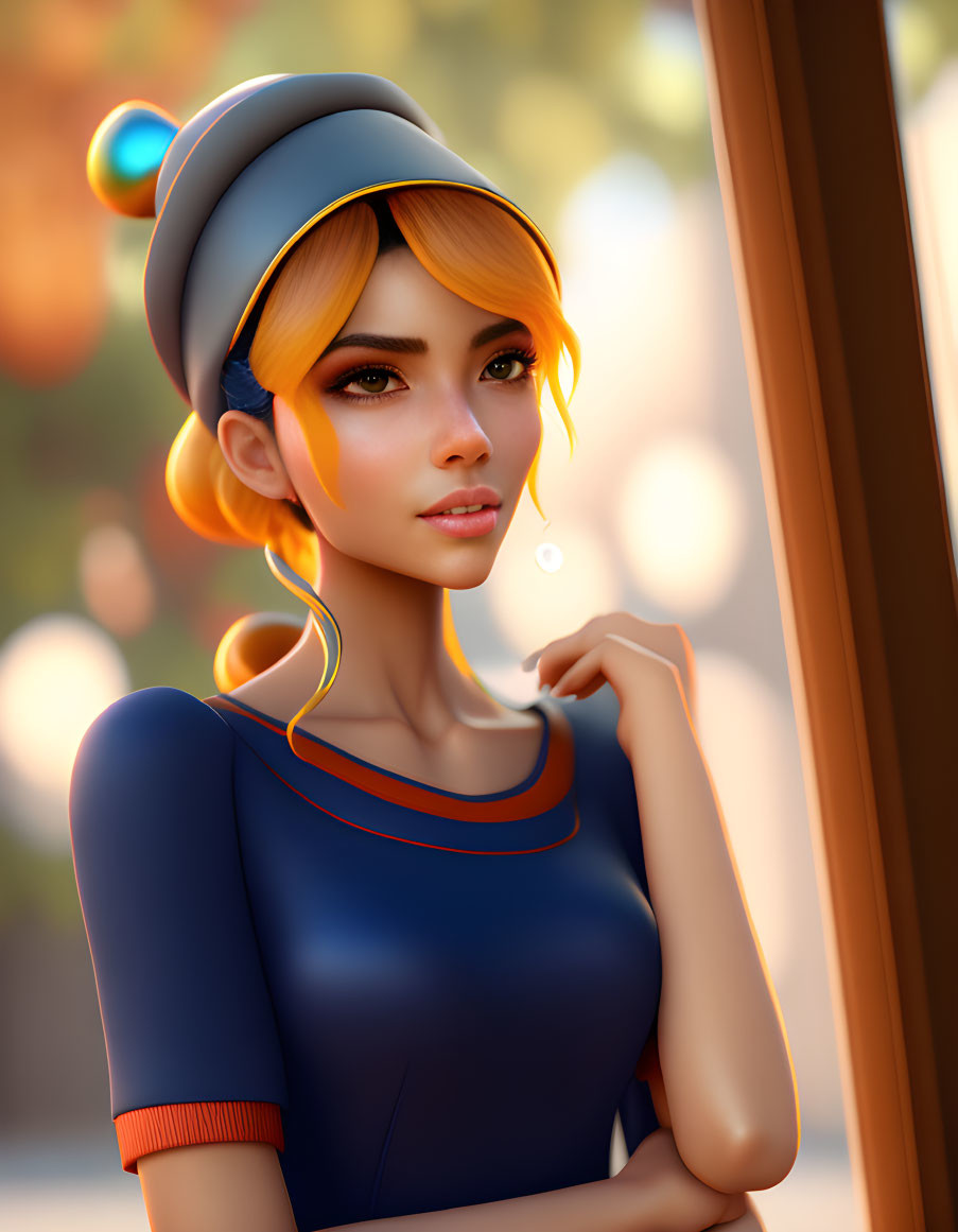 Stylized illustration of young woman with orange hair in blue hat and dress, gazing thoughtfully